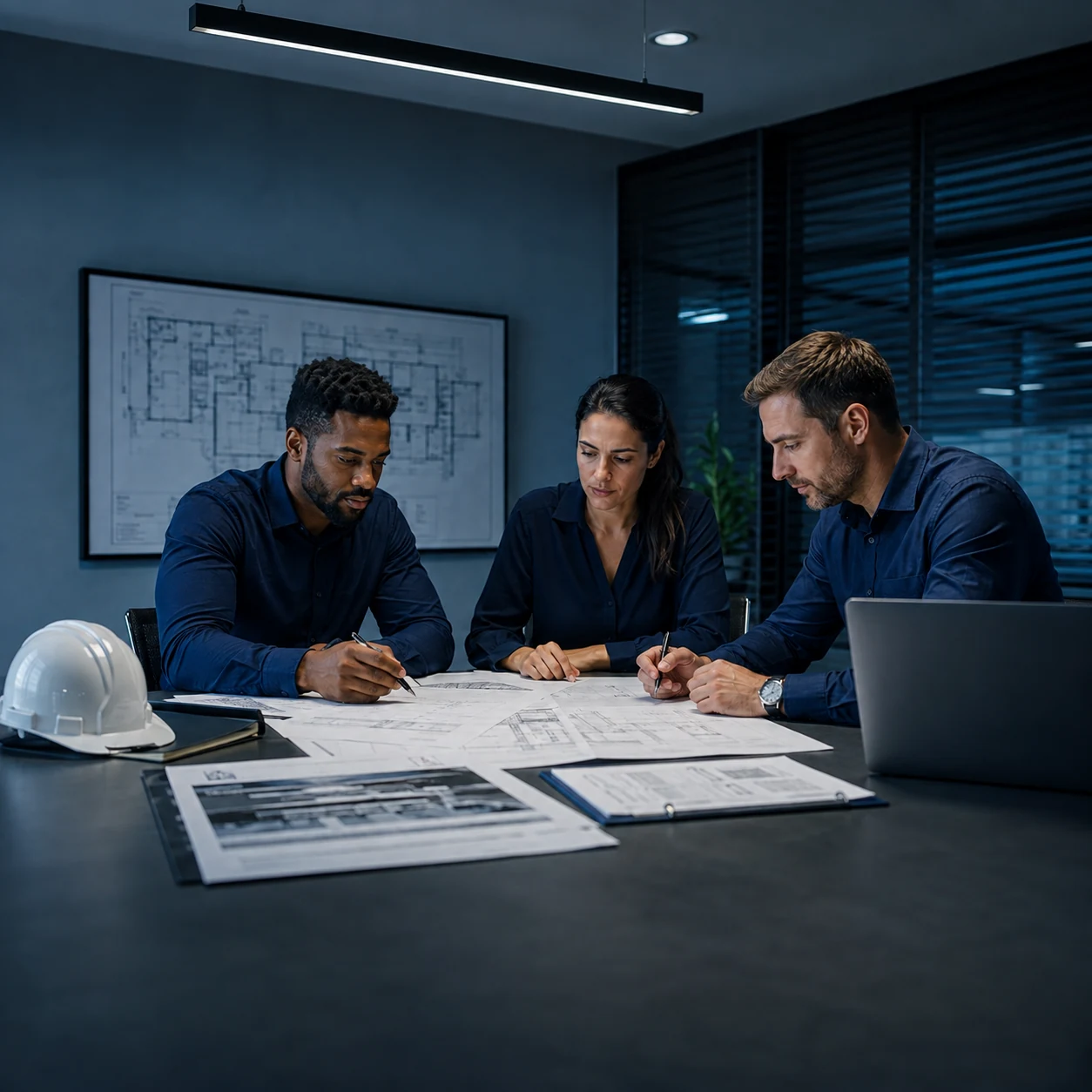 Equipe técnica analisando projetos de segurança e prevenção.