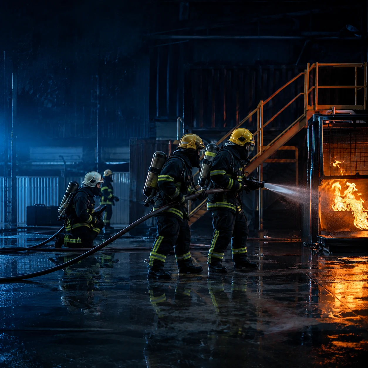 Equipe realizando treinamento controlado de combate a incêndio.